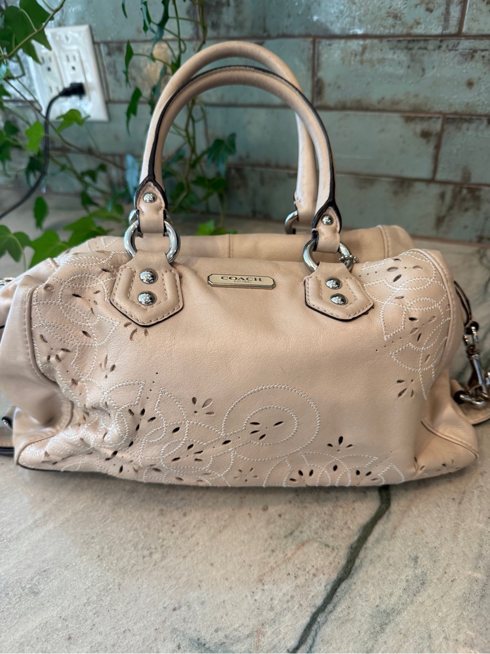 Coach Ashley Cream/blush Leather Tossed Laser Cut Satchel Crossbody Bag F22488